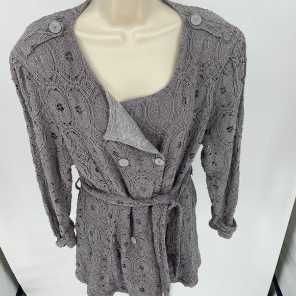 Anthropologie Hazel Lace Sweater Coat Jacket Belted Gray Medium M - Picture 2 of 16